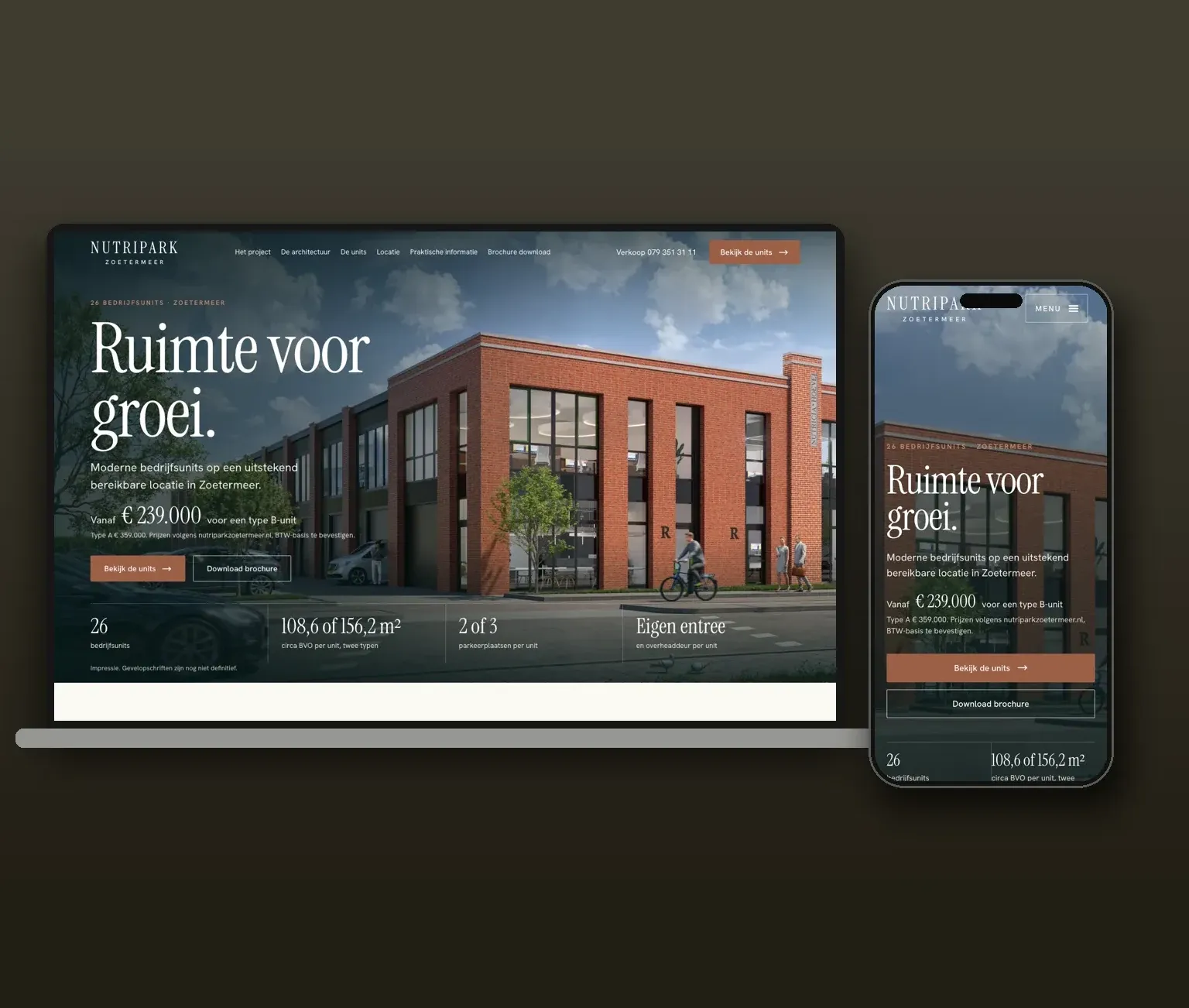 De projectwebsite van Nutripark Zoetermeer op laptop en telefoon