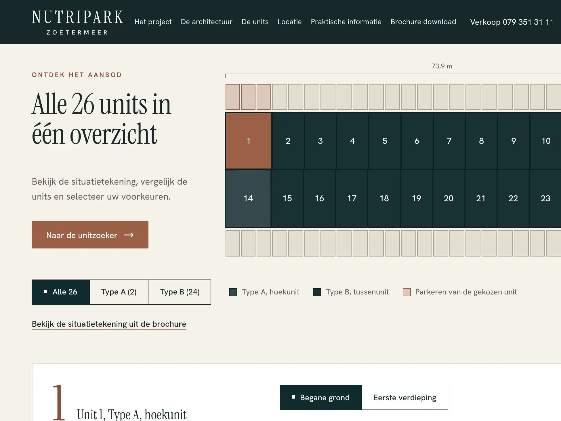 Unitzoeker op nutriparkzoetermeer.nl: dezelfde 26 units als twee stroken, unit 1 gekozen, met filters per type
