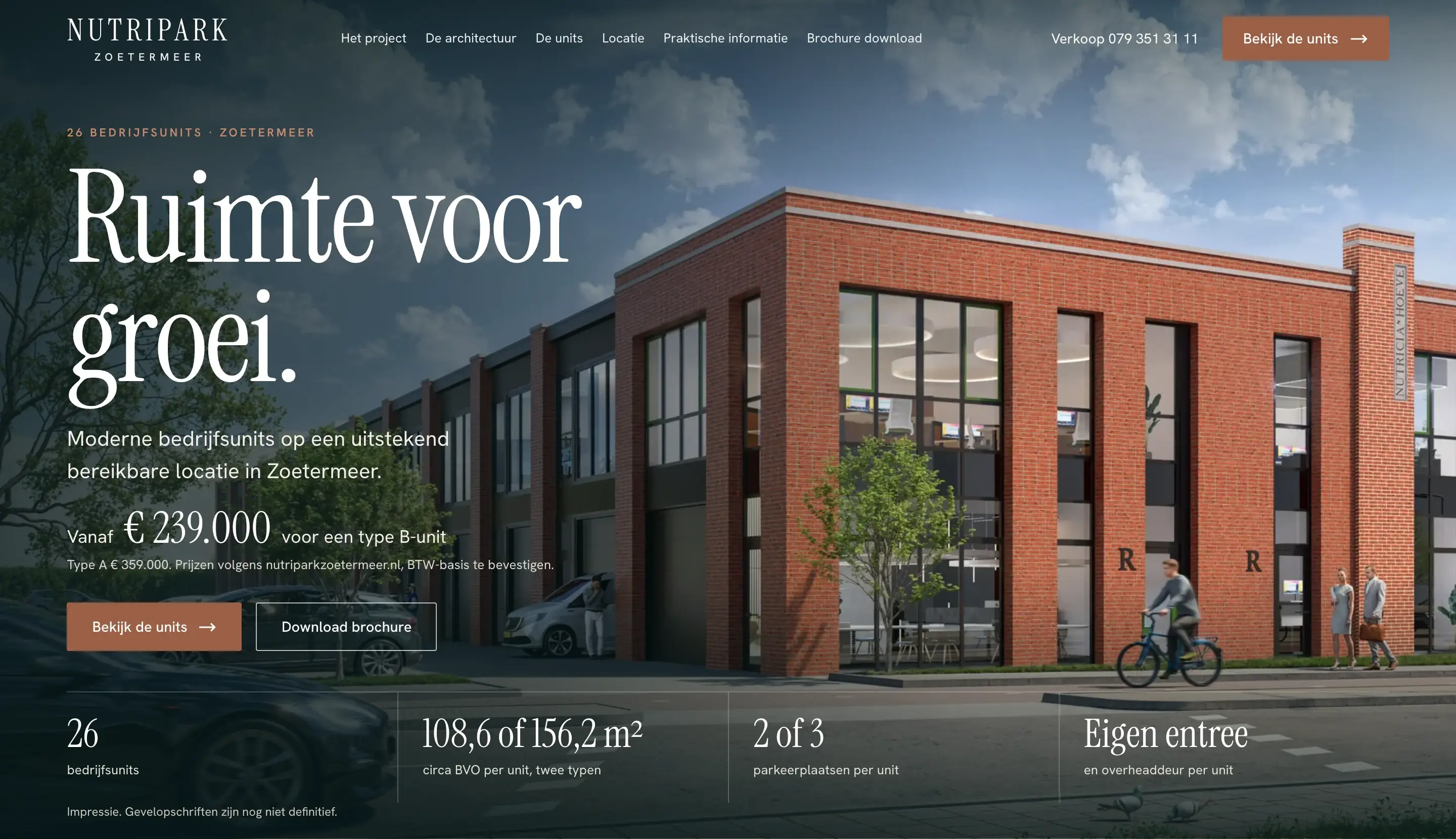Homepage van nutriparkzoetermeer.nl: de kop Ruimte voor groei over een impressie van de bedrijfsunits, met de kerncijfers van het project eronder